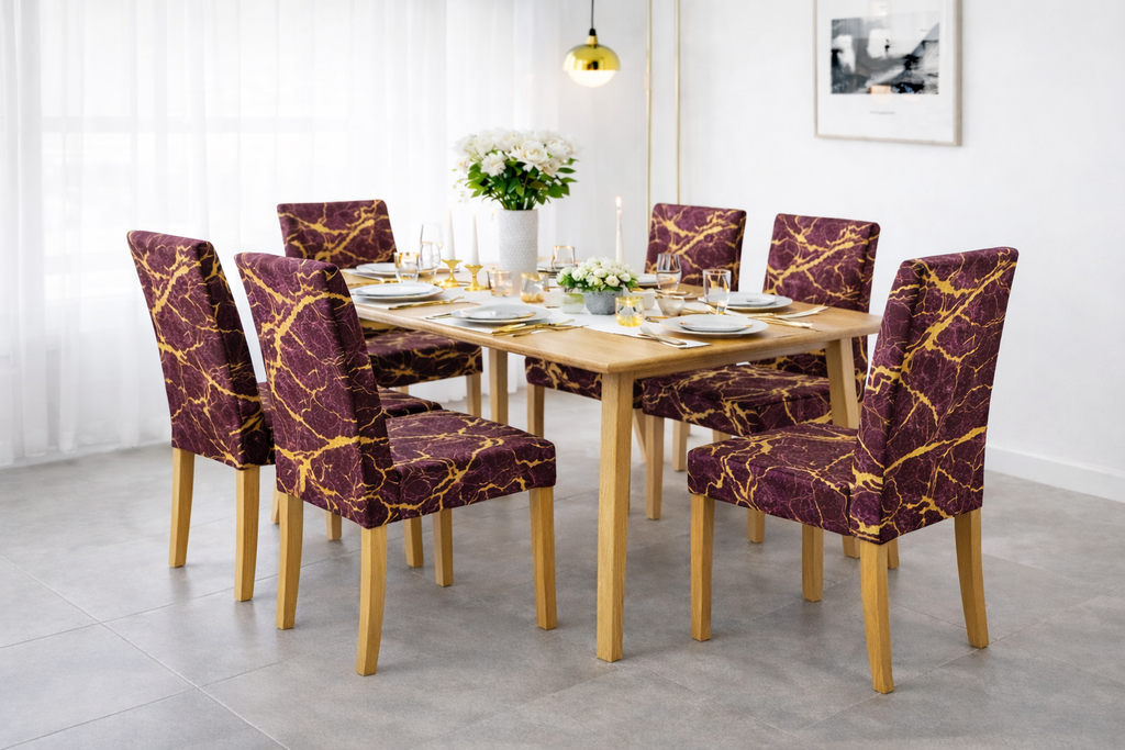 POKROWCE NA KRZESŁA 6 SZT. FIOLETOWE I ZŁOTE MARMUROWE ELASTYCZNE UNIWERSALNE WELUROWE