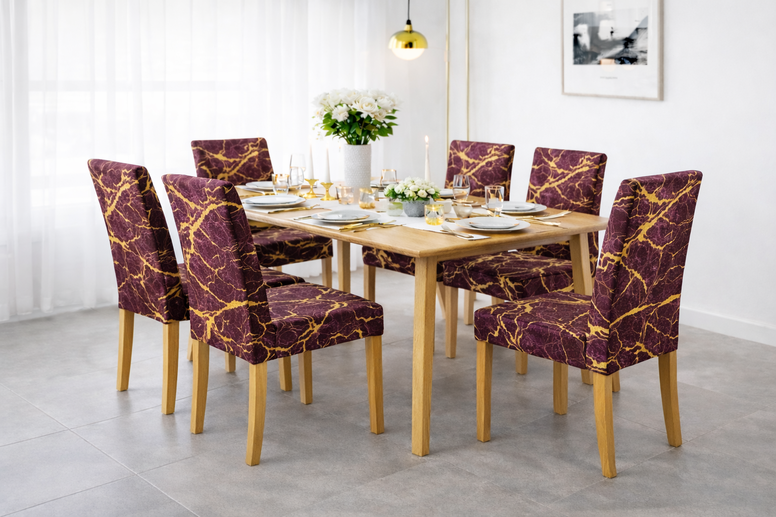 POKROWCE NA KRZESŁA 6 SZT. FIOLETOWE I ZŁOTE MARMUROWE ELASTYCZNE UNIWERSALNE WELUROWE