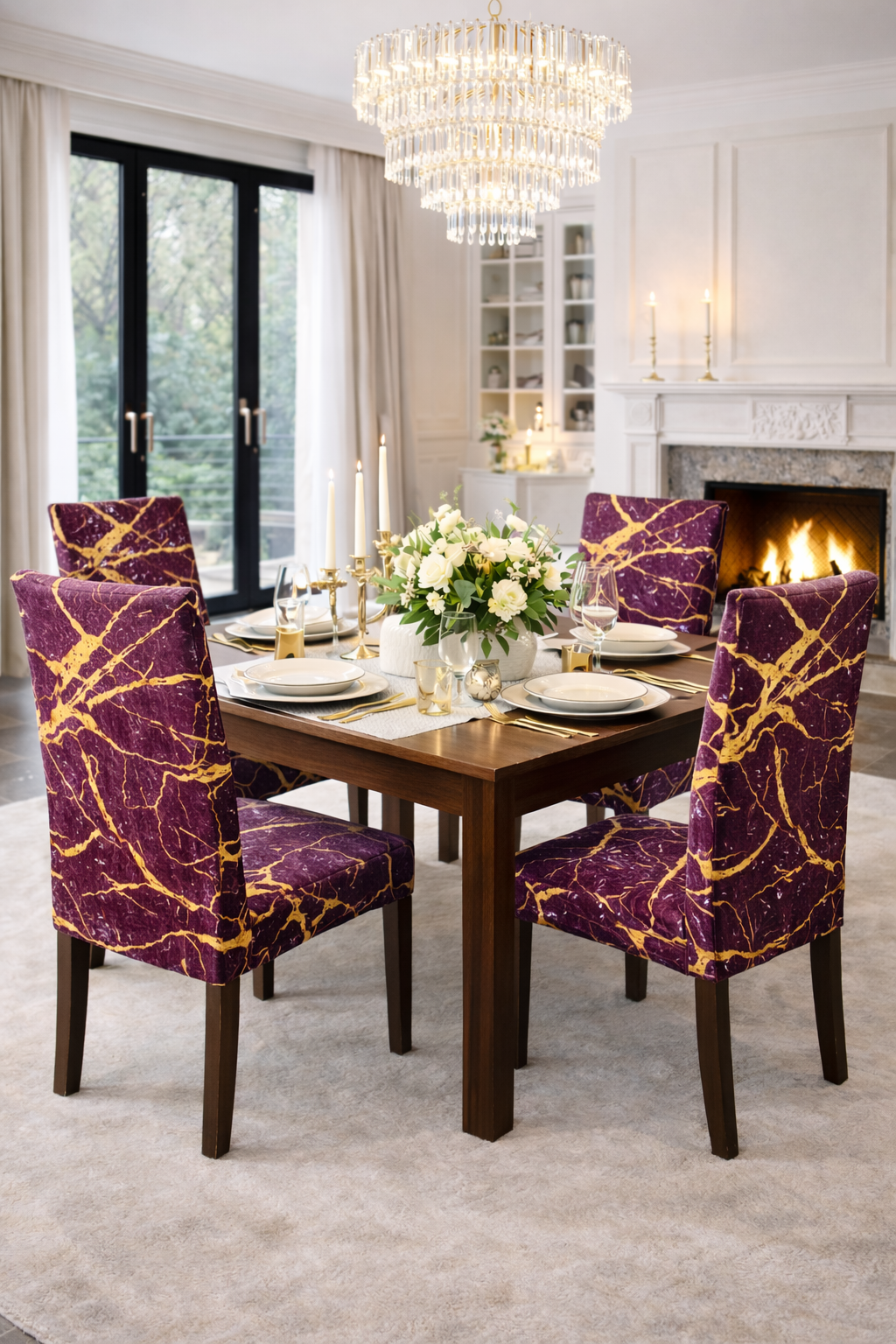 POKROWCE NA KRZESŁA 6 SZT. FIOLETOWE I ZŁOTE MARMUROWE ELASTYCZNE UNIWERSALNE WELUROWE