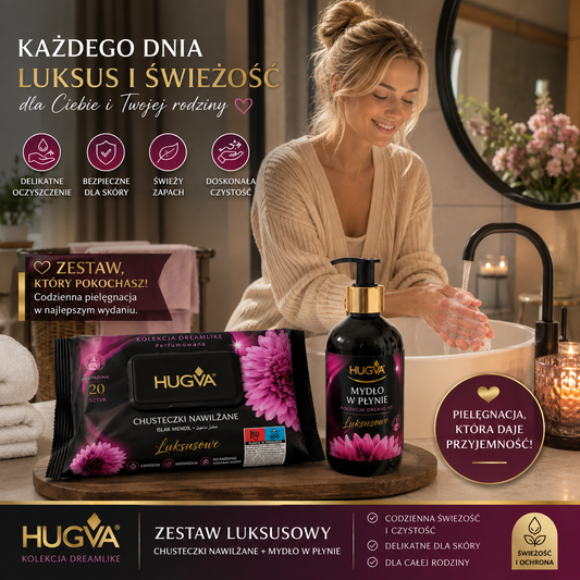 Zestaw pielęgnacyjny HUGVA – mydło w płynie 500 ml + chusteczki nawilżane 120 szt.