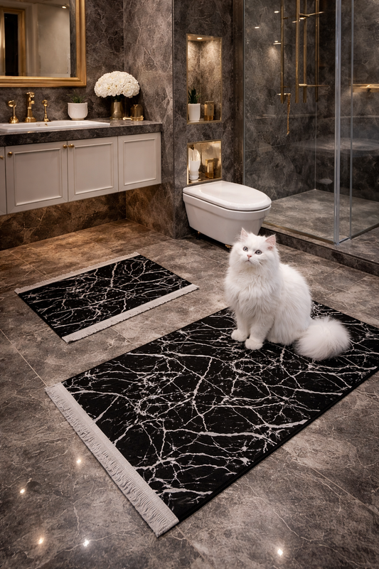 Marmurowe dywaniki łazienkowe / Antypoślizgowe / 2 sztuki / Czarno-srebrne