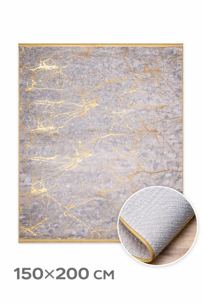 Sivo-zlatý koberec so strapcami, 150x200 cm, s protišmykovou podložkou