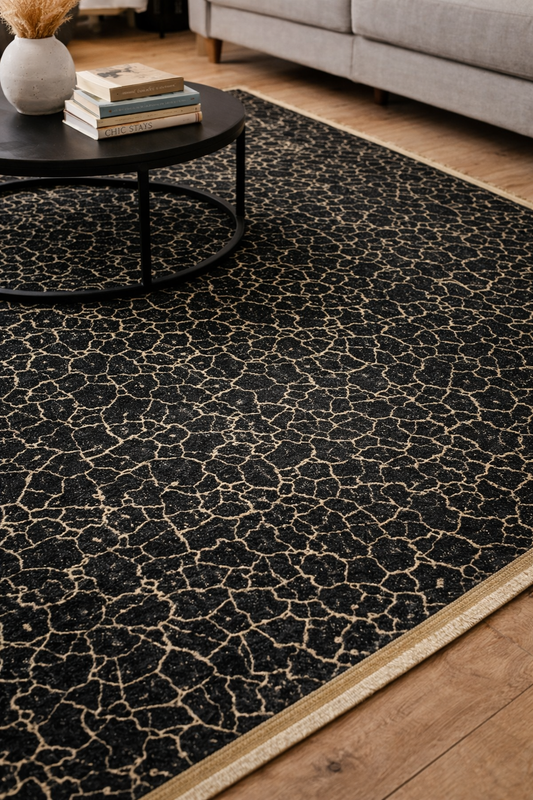 Dywan z frędzlami w kolorze czarno-złotym, 150x200 cm, z antypoślizgową podstawą