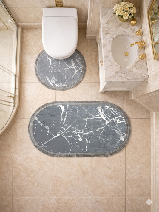 Owalne dywaniki łazienkowe / Antypoślizgowe / 2 sztuki / Szaro-srebrne