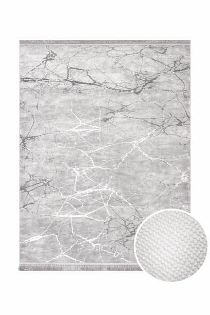 Bielo-strieborný koberec so strapcami, 150x200 cm, s protišmykovou podložkou