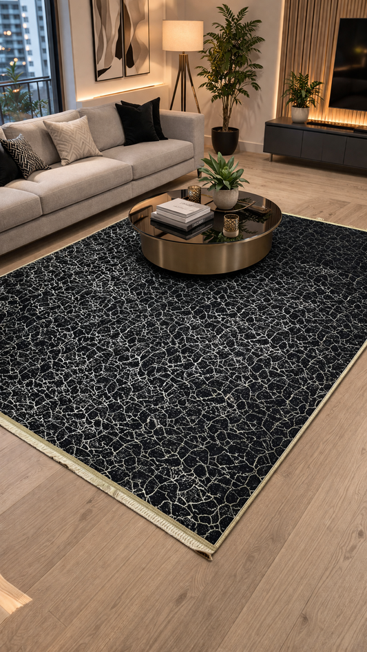 Dywan z frędzlami w kolorze czarno-złotym, 150x200 cm, z antypoślizgową podstawą