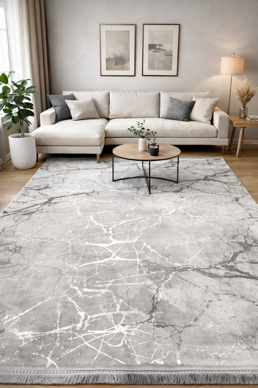 Dywan Z Frędzlami W Kolorze Biały & Srebrny, 150x200 cm, z Antypoślizgową Podstawą