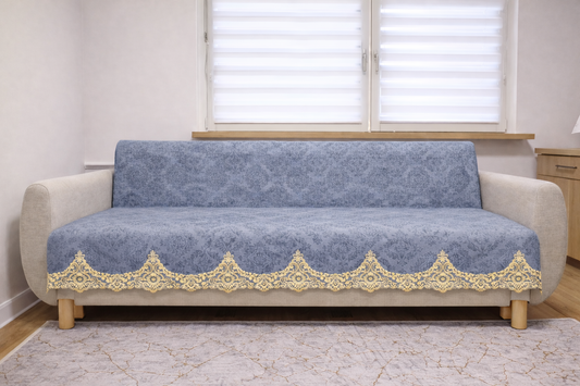 Pokrowiec Na Sofę Antypoślizgowy Z Koronką - 170x210 cm-Niebiesko-Szary