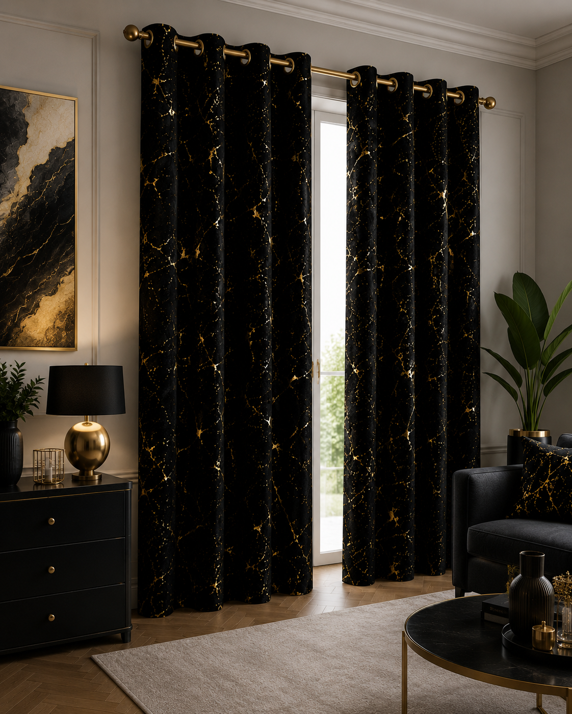 Zasłony 150 × 250 cm – 2 sztuki, Czarne ze złotym