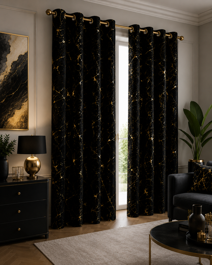 Zasłony 150 × 250 cm – 2 sztuki, Czarne ze złotym