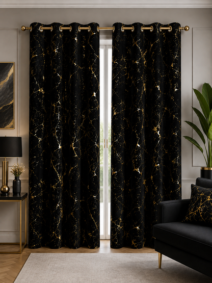 Zasłony 150 × 250 cm – 2 sztuki, Czarne ze złotym