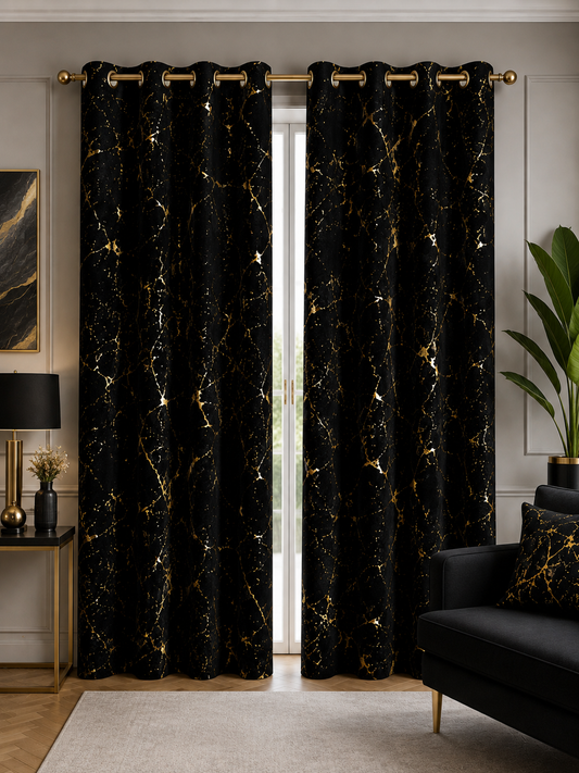 Zasłony 150 × 250 cm – 2 sztuki, Czarne ze złotym