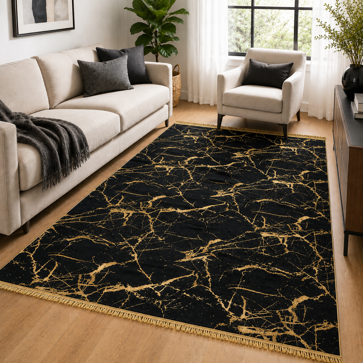 Dywan 160×230 cm – Antypoślizgowy, podkład gąbczasty 4 mm – Czarno-złoty