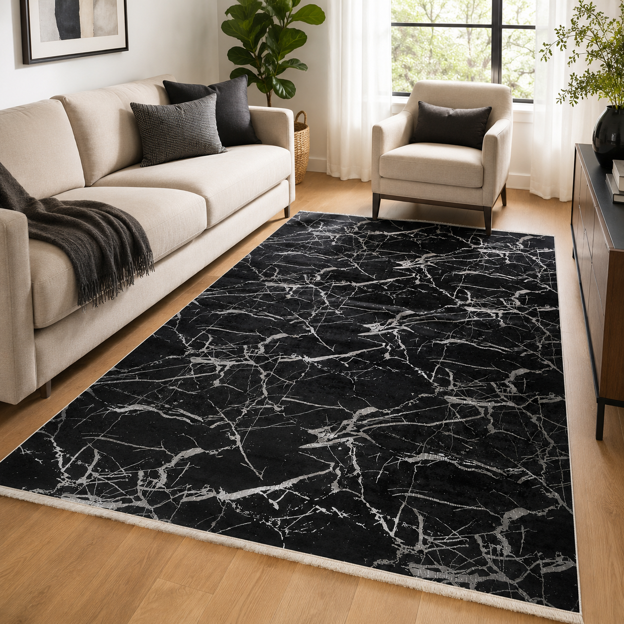 Dywan 160×230 cm – Antypoślizgowy, podstawa gąbczasta 4 mm – Czarno-srebrny