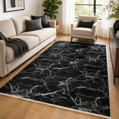 Dywan 160×230 cm – Antypoślizgowy, podstawa gąbczasta 4 mm – Czarno-srebrny