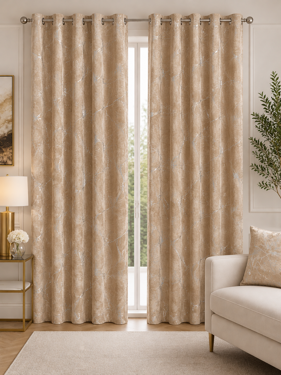 Zasłony 150 × 250 cm – 2 sztuki, Cappuccino ze srebrnym wzorem
