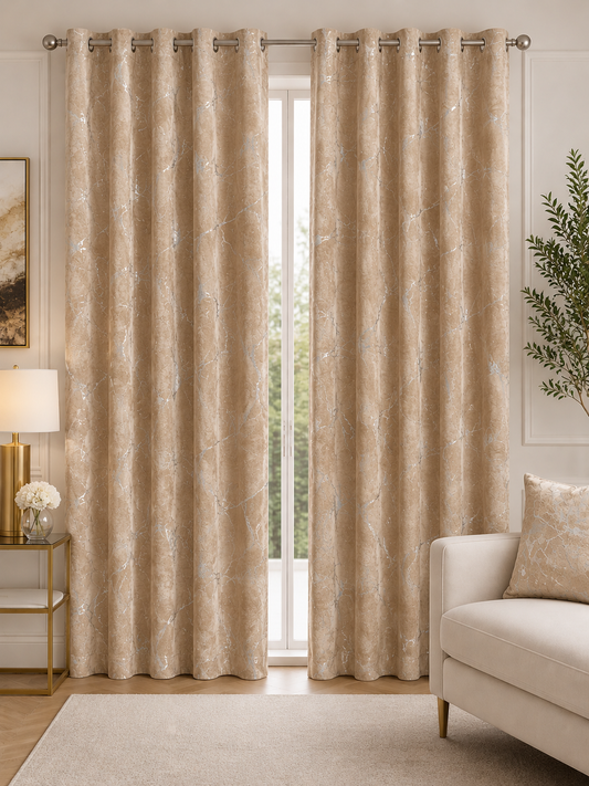 Zasłony 150 × 250 cm – 2 sztuki, Cappuccino ze srebrnym wzorem

