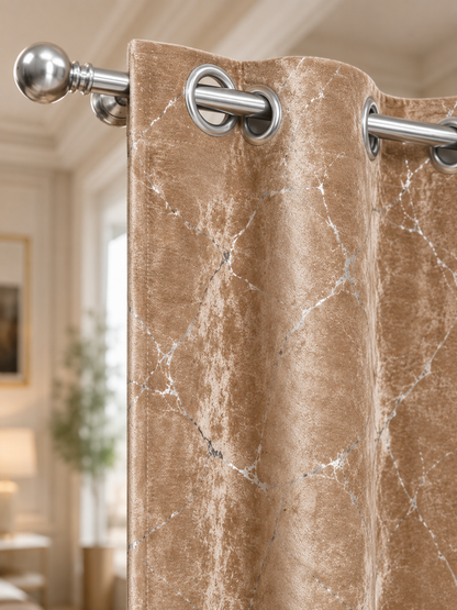Zasłony 150 × 250 cm – 2 sztuki, Cappuccino ze srebrnym wzorem
