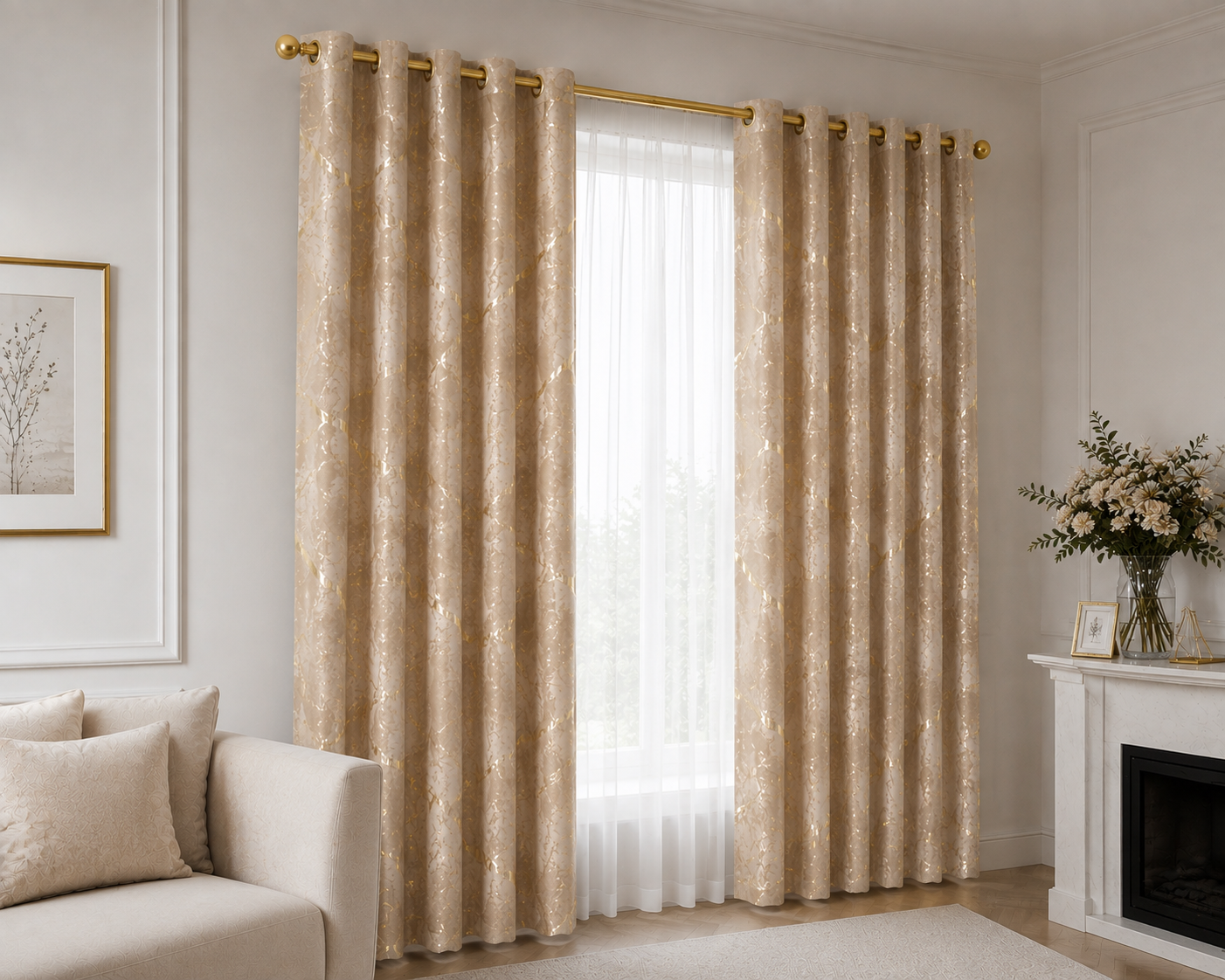 Zasłony 150 × 250 cm – 2 sztuki, Cappuccino ze złotym wzorem