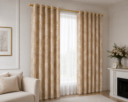Zasłony 150 × 250 cm – 2 sztuki, Cappuccino ze złotym wzorem