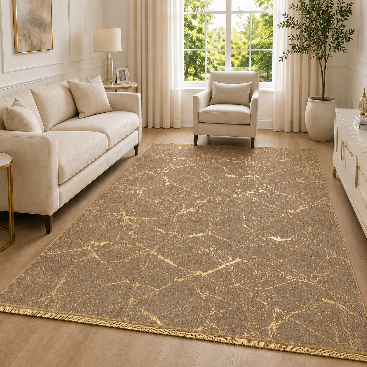 Dywan 160×230 cm – Antypoślizgowy, podstawa z gąbki 4 mm – Cappuccino i Złoty
