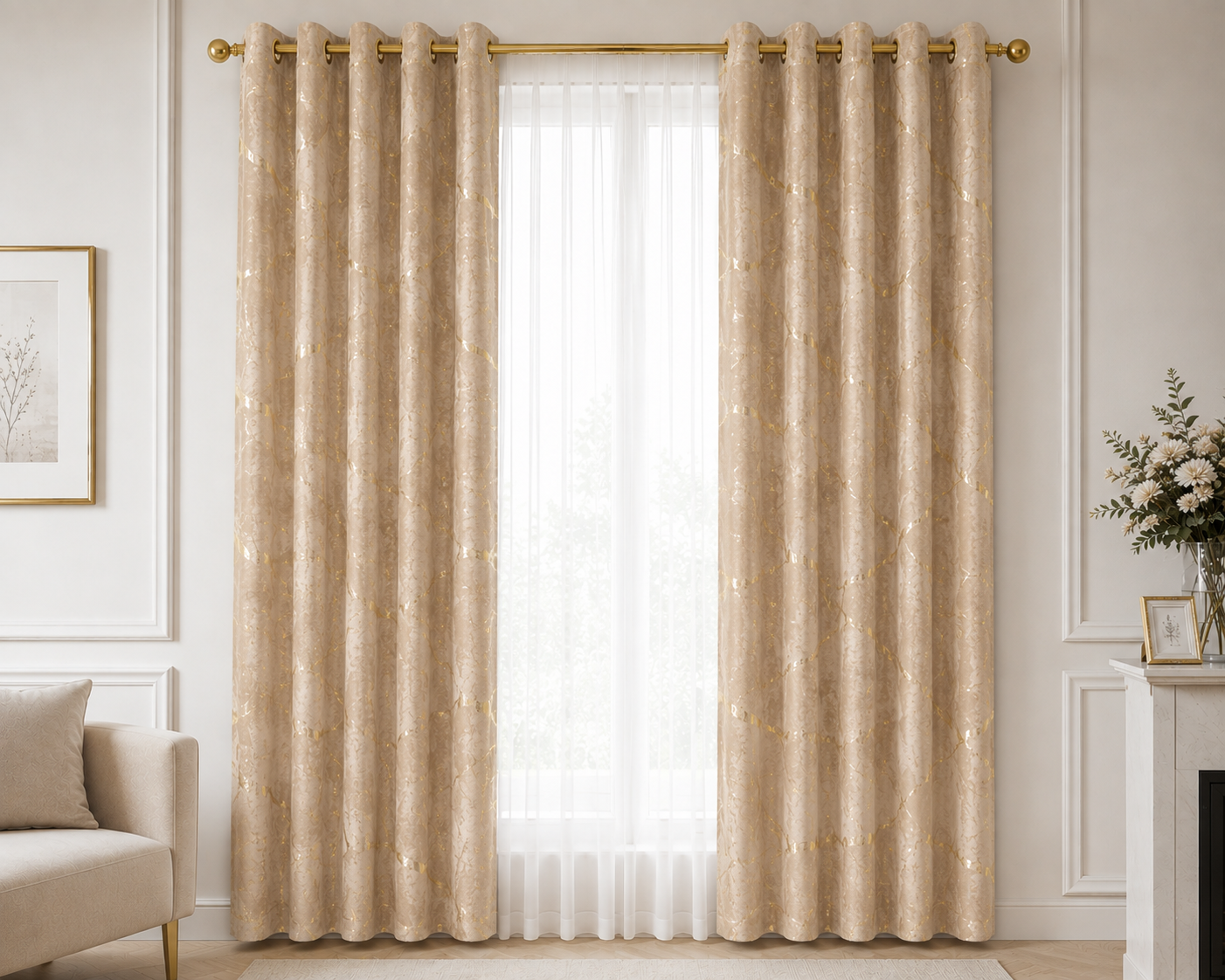 Zasłony 150 × 250 cm – 2 sztuki, Cappuccino ze złotym wzorem