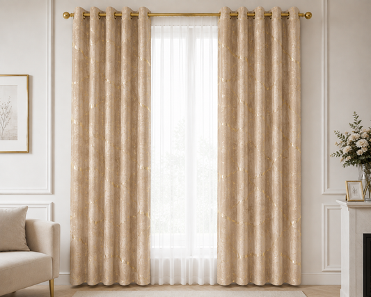 Zasłony 150 × 250 cm – 2 sztuki, Cappuccino ze złotym wzorem
