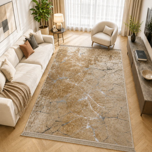 Dywan 160×230 cm – Antypoślizgowy, podstawa z gąbki 4 mm – Cappucino & Srebrne