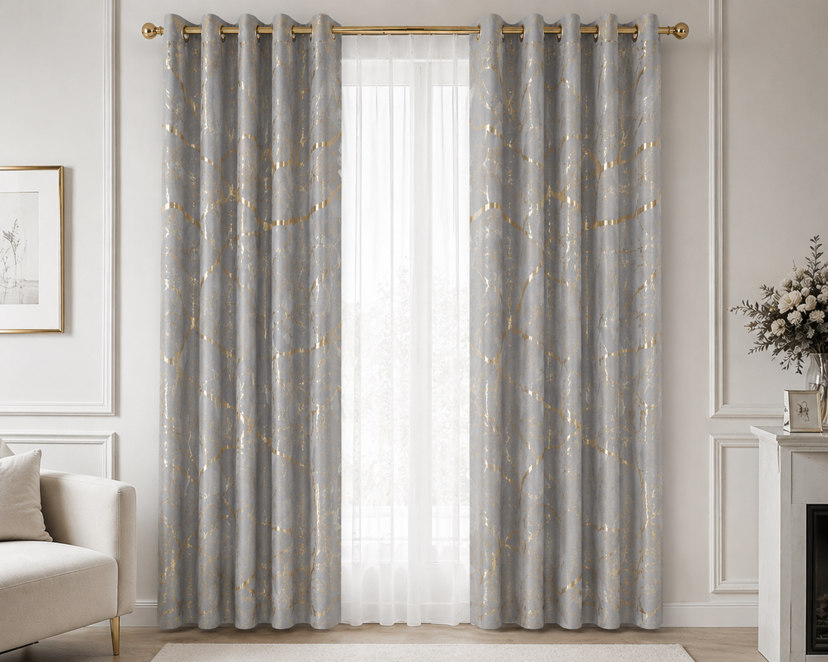 Zasłony 150 × 250 cm – 2 sztuki, Szare ze złotym wzorem