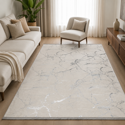Dywan 160×230 cm – Antypoślizgowy, podstawa z gąbki 4 mm – Kremowo-Srebrny