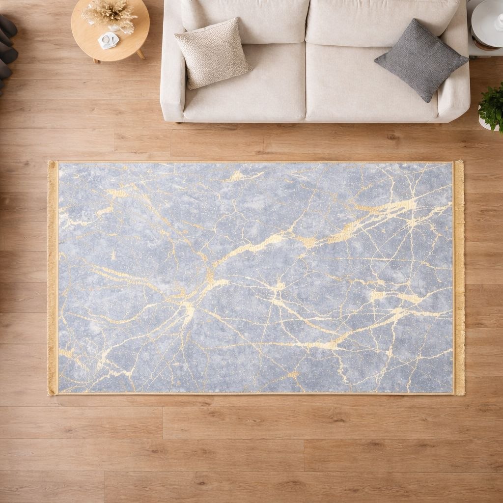 Koberec s mramorovým vzorom 80x150 cm, svetlosivý a zlatý, protišmykový, prateľný