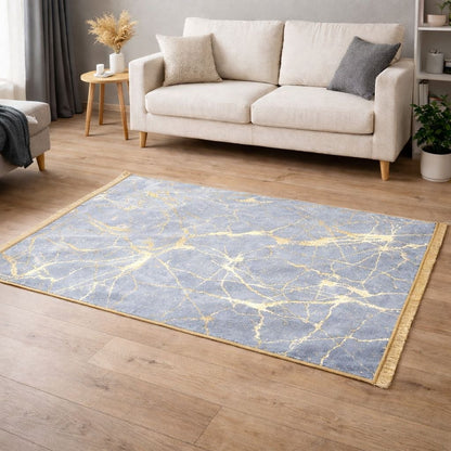 Koberec s mramorovým vzorom 80x150 cm, svetlosivý a zlatý, protišmykový, prateľný