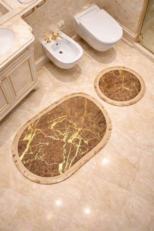 Owalne dywaniki łazienkowe / Antypoślizgowe / 2 sztuki / Cappuccino i złoto