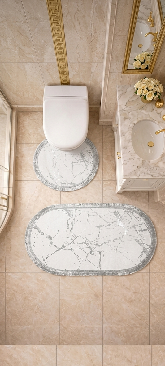Dywaniki łazienkowe owalne/ antypoślizgowe/ 2 sztuki/ Białe & Srebrne