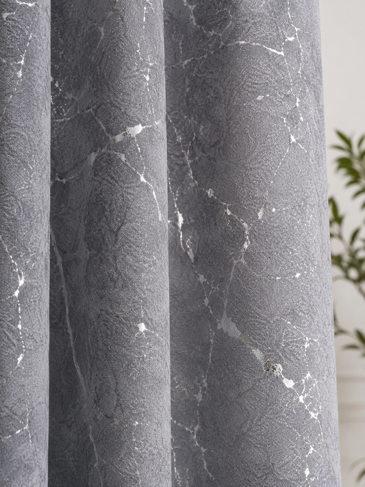 Zasłony 150 × 250 cm – 2 sztuki, Szare ze srebrnym wzorem
