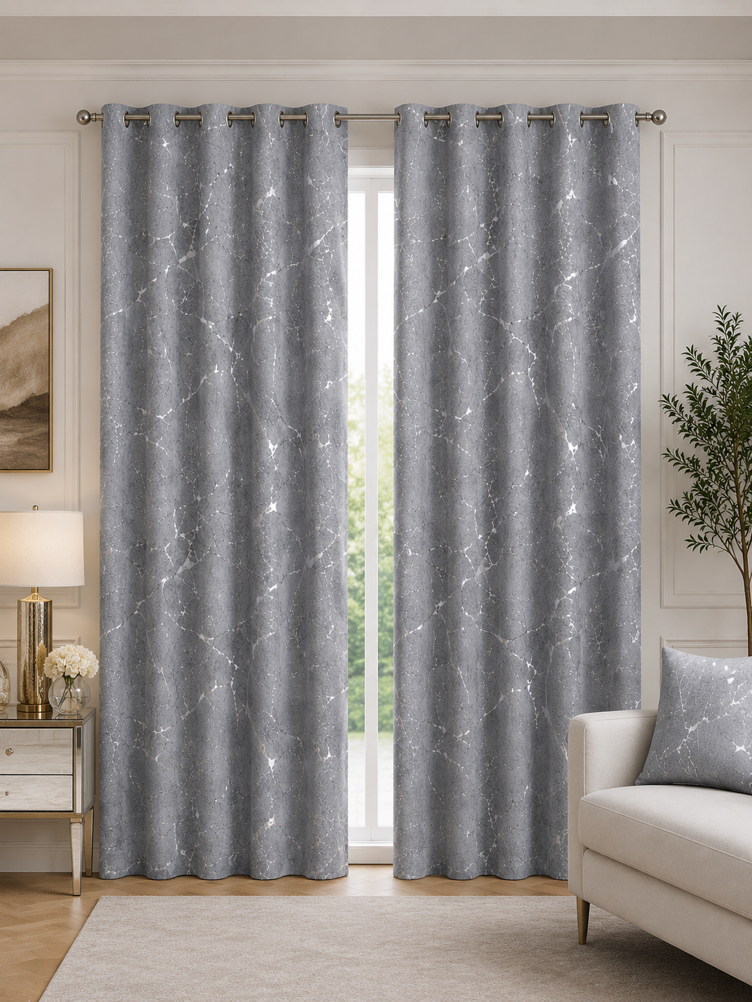 Zasłony 150 × 250 cm – 2 sztuki, Szare ze srebrnym wzorem