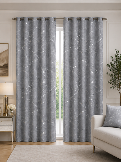 Zasłony 150 × 250 cm – 2 sztuki, Szare ze srebrnym wzorem